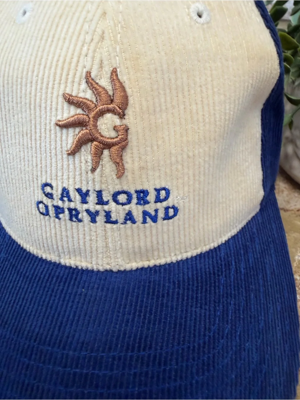 Vintage | Blue and Cream Corduroy Baseball Hat with Sun Embroidery